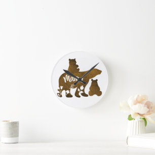 Mama Bear With 2 Cubs Mom of Two Round Clock