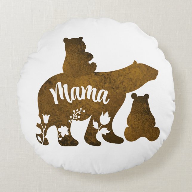 Mama Bear With 2 Cubs Mom of Two Round Pillow (Front)