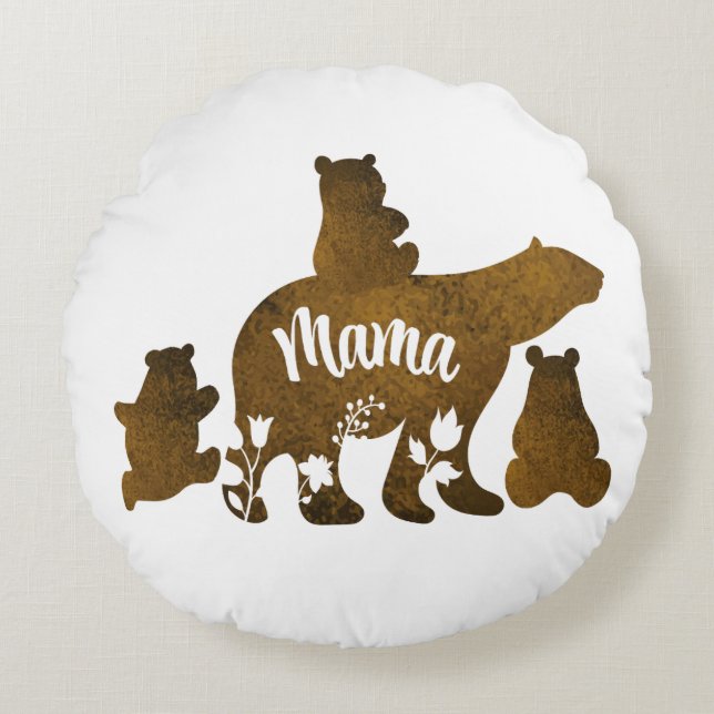 Mama Bear With 3 Baby Bear Cubs Following Mama Round Pillow (Front)