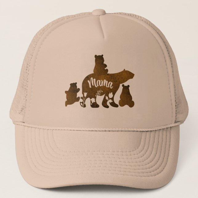 Mama Bear With 3 Baby Bear Cubs Following Mama Trucker Hat (Front)