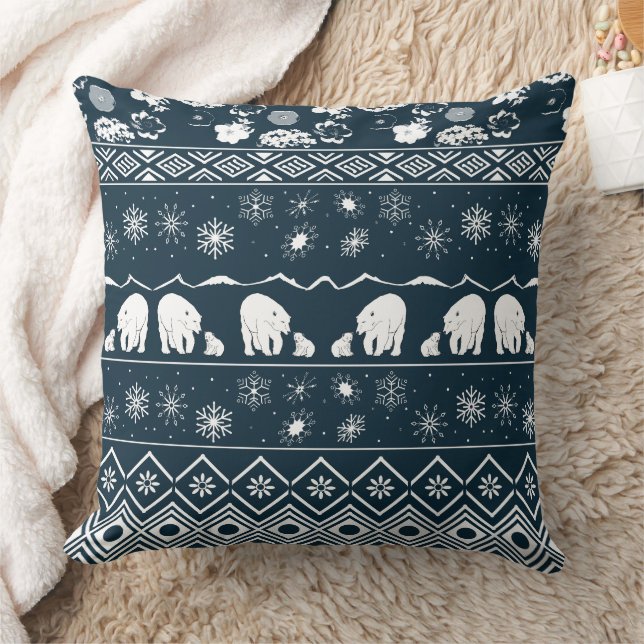 Mama  Bear with Baby Bear Pattern in Blue-green Throw Pillow (Blanket)