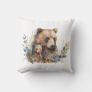 Mama Bear with Cub Watercolor Throw Pillow