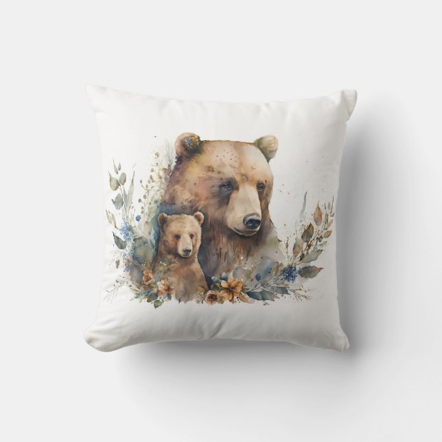 Mama Bear with Cub Watercolor Throw Pillow (Front)