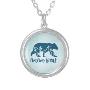 Mama Bear with Flowers Mother's Day Silver Plated Necklace