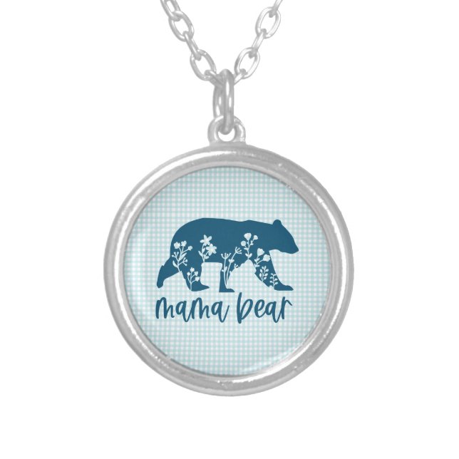 Mama Bear with Flowers Mother's Day Silver Plated Necklace (Front)