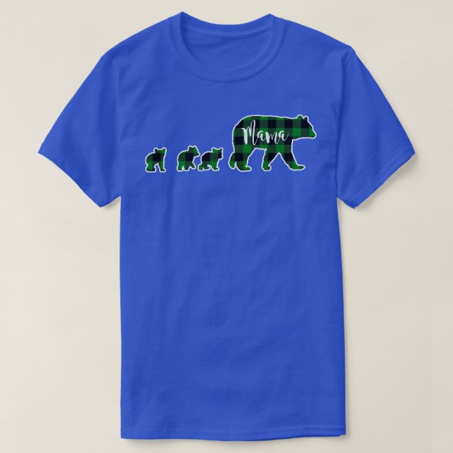 Mama Bear with Three 3 Cubs Black Green Buffalo Ch T-Shirt (Design Front)