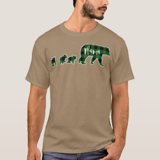 Mama Bear with Three 3 Cubs Black Green Buffalo Ch T-Shirt