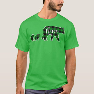 Mama Bear with Two 2 Cubs Black Green Buffalo Chec T-Shirt