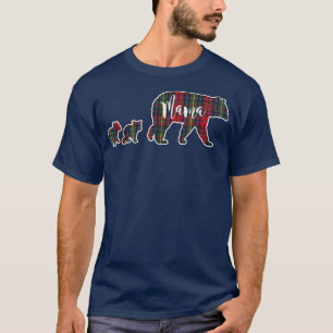 Mama Bear with Two 2 Cubs Tartan Plaid Blue Green  T-Shirt