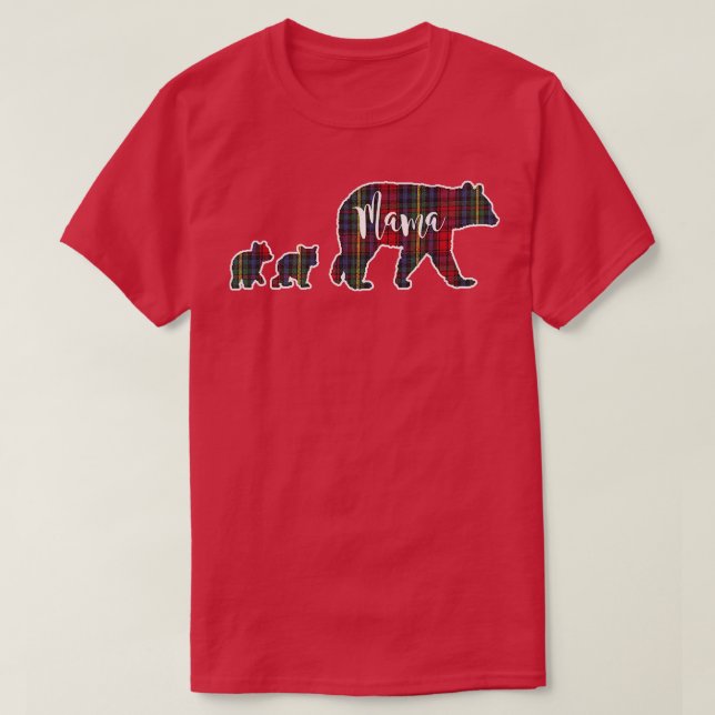 Mama Bear with Two 2 Cubs Tartan Plaid Blue Green  T-Shirt (Design Front)