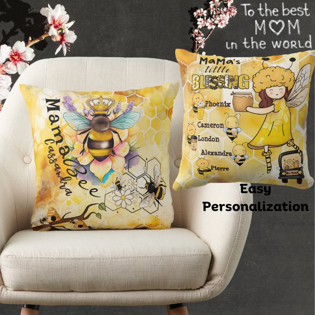 Mama Bee-Mama's Little Blessing-Children's Name Throw Pillow (Creator Uploaded)