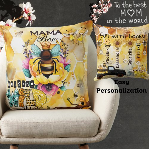 Mama Bee_Raising Wild Things_Childrens Name_Queen Throw Pillow