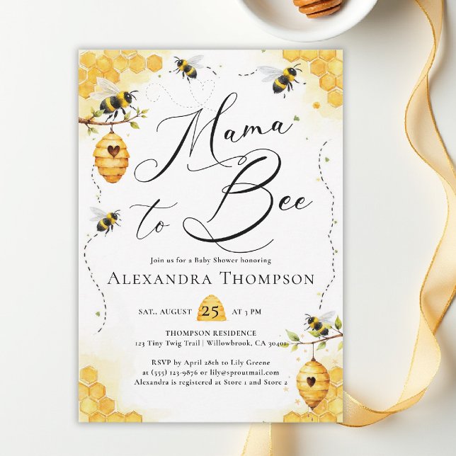 Mama Bee Summer Watercolor Elegant Baby Shower Invitation (mom to bee baby shower theme invitation spring summer little honey watercolor elegant)