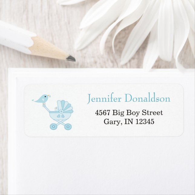 Mama Bird Baby Carriage Blue Return Address Labels (Insitu)