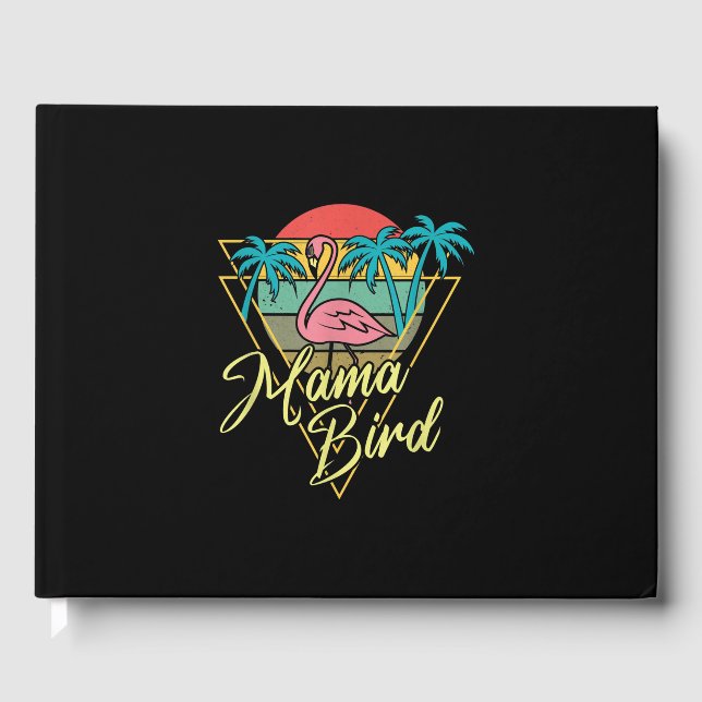 Mama Bird Flamingo Sunset Palm Tree Beach 80s Guest Book (Front)