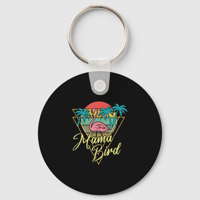 Mama Bird Flamingo Sunset Palm Tree Beach 80s Keychain (Front)
