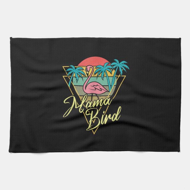 Mama Bird Flamingo Sunset Palm Tree Beach 80s Kitchen Towel (Horizontal)