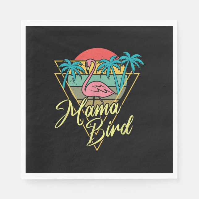 Mama Bird Flamingo Sunset Palm Tree Beach 80s Napkins (Front)