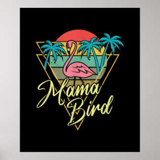 Mama Bird Flamingo Sunset Palm Tree Beach 80s Poster