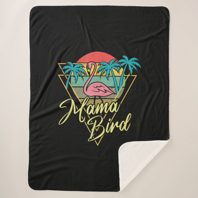 Mama Bird Flamingo Sunset Palm Tree Beach 80s Sherpa Blanket (Front)