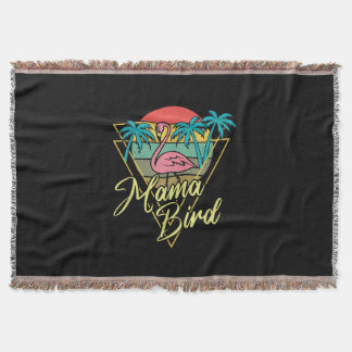 Mama Bird Flamingo Sunset Palm Tree Beach 80s Throw Blanket