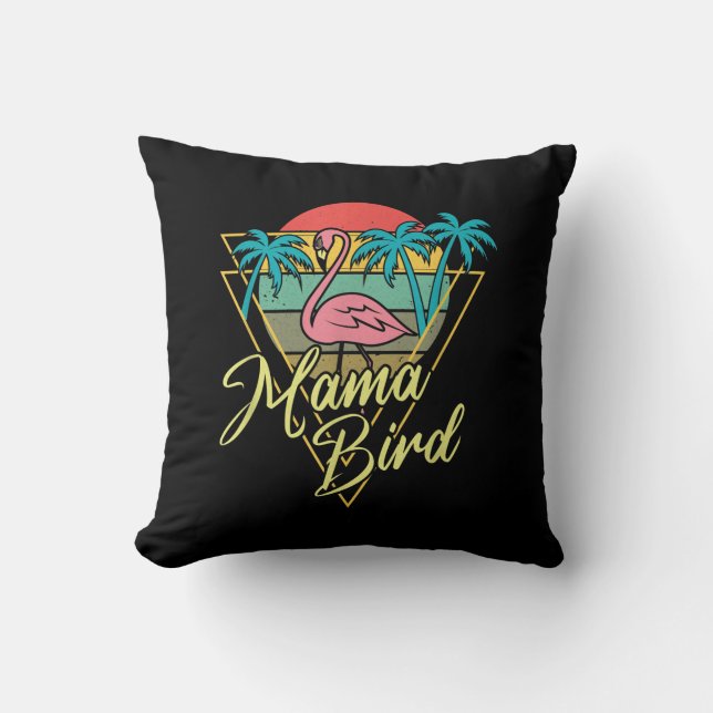 Mama Bird Flamingo Sunset Palm Tree Beach 80s Throw Pillow (Front)