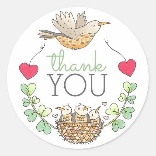 Mama Bird Flying over Nest with Hearts Thank You Classic Round Sticker