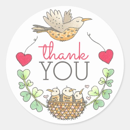 Mama Bird Flying over Nest with Hearts Thank You Classic Round Sticker