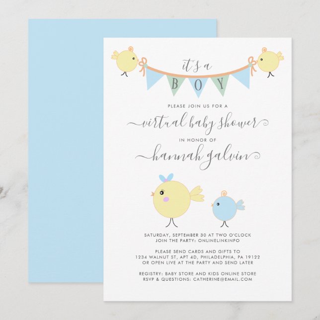 Mama Bird Little Chick Virtual Baby Boy Shower Invitation (Front/Back)