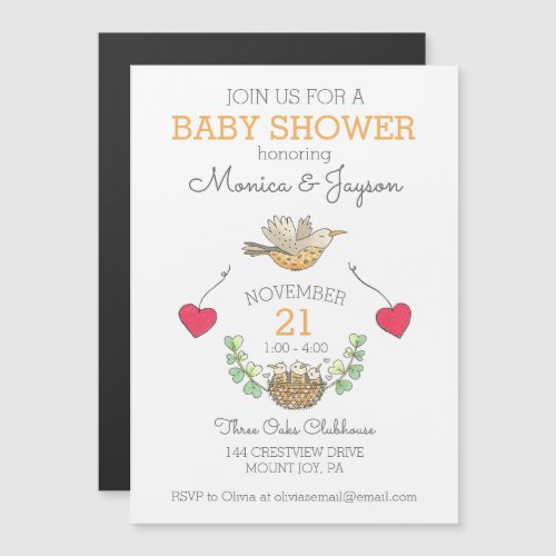 Mama Bird with Hearts and Nest Baby Shower Magnetic Invitation