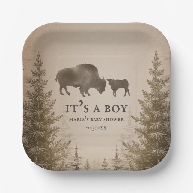 Mama Buffalo Evergreen Boy Baby Shower  Paper Plates (Front)