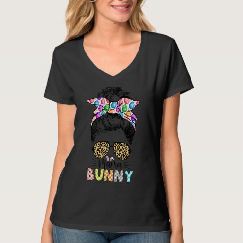 Mama Bunny Leopard Messy Bun Happy Easter Day T_Shirt