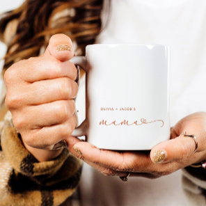 Mama | Chic Boho Script and Heart with Kids Names Coffee Mug