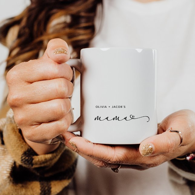 Mama | Chic Script and Heart with Kids Names Coffee Mug (Creator Uploaded)