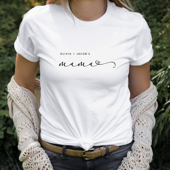 Mama | Chic Script and Heart with Kids Names T-Shirt (Creator Uploaded)