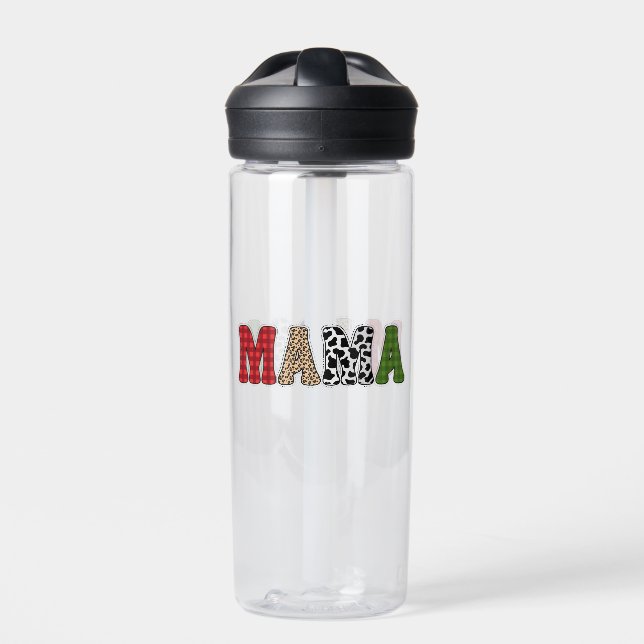 Mama Christmas Plaid Pattern Design Water Bottle (Front)
