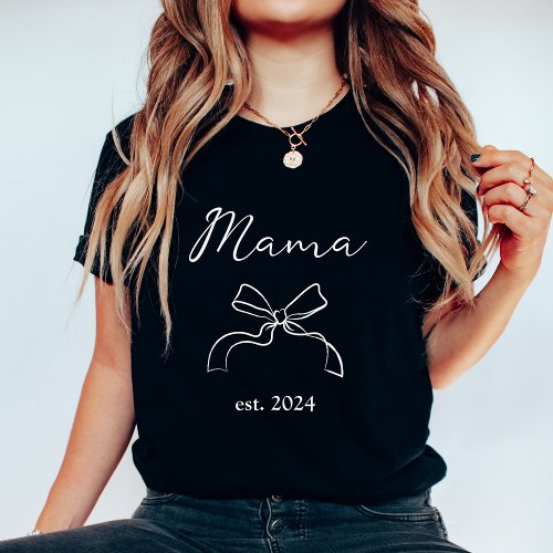 Mama  Coquette White Bow and Script on Black T_Shirt