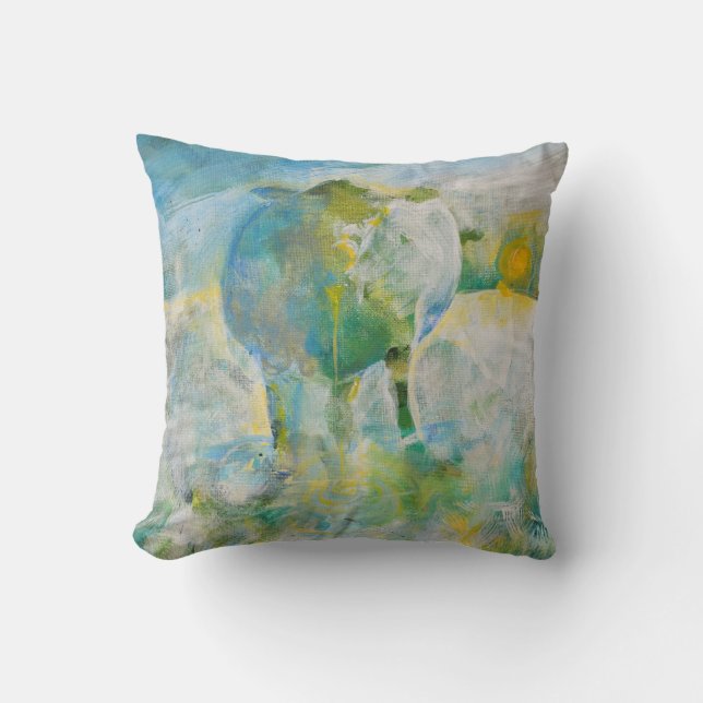 Mama Cow Original Art Blue Green Throw Pillow (Front)