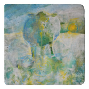 Mama Cow Original Art Blue Green Trivet