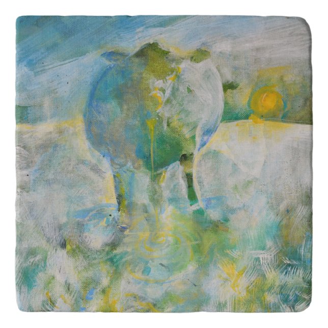 Mama Cow Original Art Blue Green  Trivet (Front)