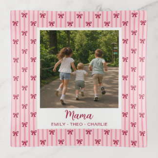 Mama Custom Photo Pink Maroon Striped Bow Trinket Tray