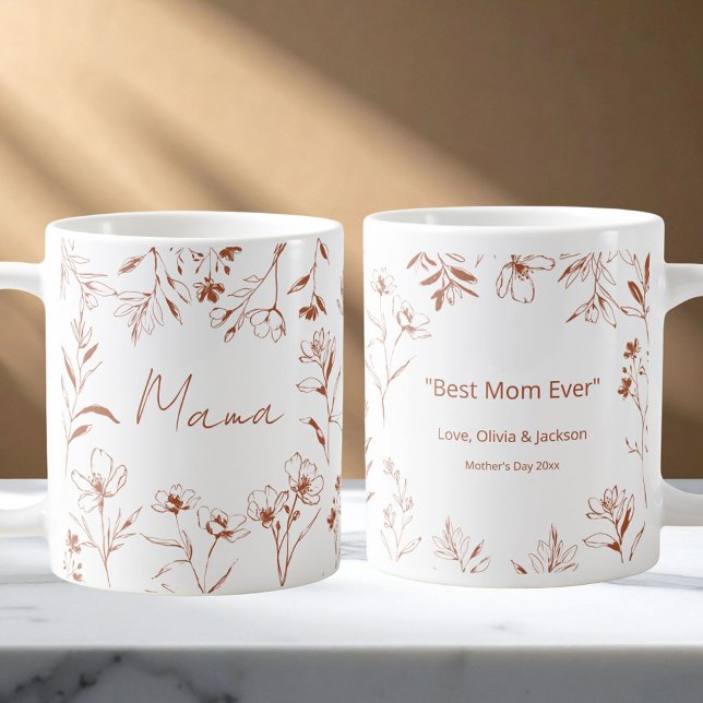 Mama Custom Quote Brown White Floral Line Art  Coffee Mug (Front and Back)