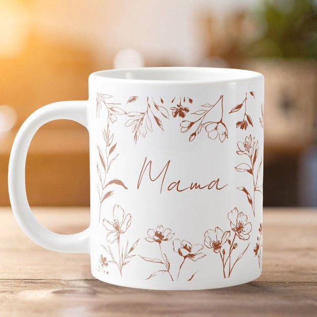 Mama Custom Quote Brown White Floral Line Art  Giant Coffee Mug (Creator Uploaded)