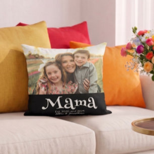 Mama Established Photo Kids Name Fun Text Throw Pillow