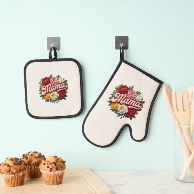 Mama Floral Kitchen Set – Oven Mitt & Pot Holder  (Insitu(Hanging))