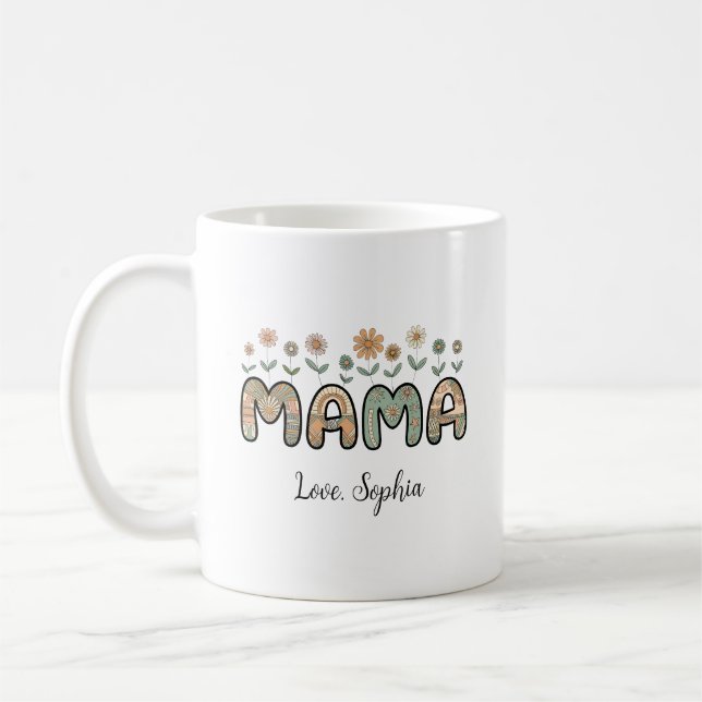 Mama, Flowers Mother's Day Custom Name Coffee Mug (Left)