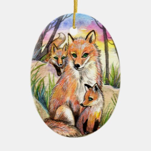 Mama Fox And Baby Foxes At Sunset Woods Ceramic Ornament