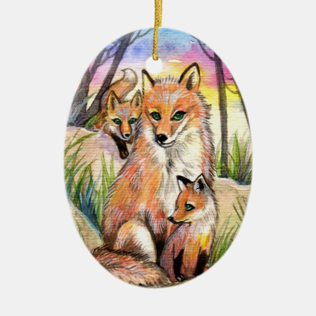 Mama Fox And Baby Foxes At Sunset Woods Ceramic Ornament (Front)