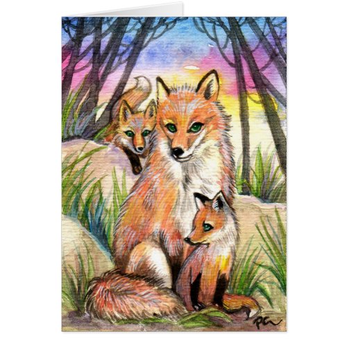 Mama Fox and Baby Foxes in Sunset Woods