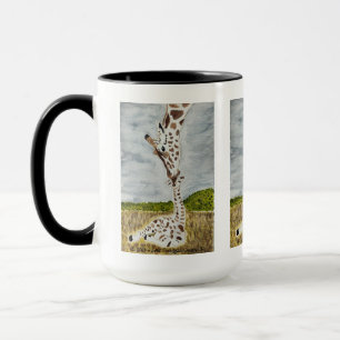 Mama Giraffe Kissing Calf Original Art Mug
